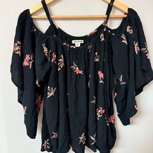 Billabong Black Ruffled Blouse with Pink Floral Print